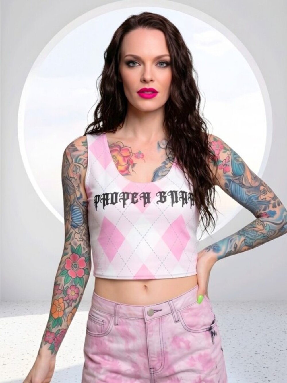 Proper Gnar Dolls Kill Pink White Argyle Knit Crop Tank Sleeveless Top Sz L NWT